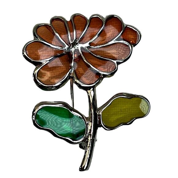 Kitschy Stained Glass Stemmed Orange Flower Leaves Brooch Pin Floral Nature Fun - Picture 1 of 3
